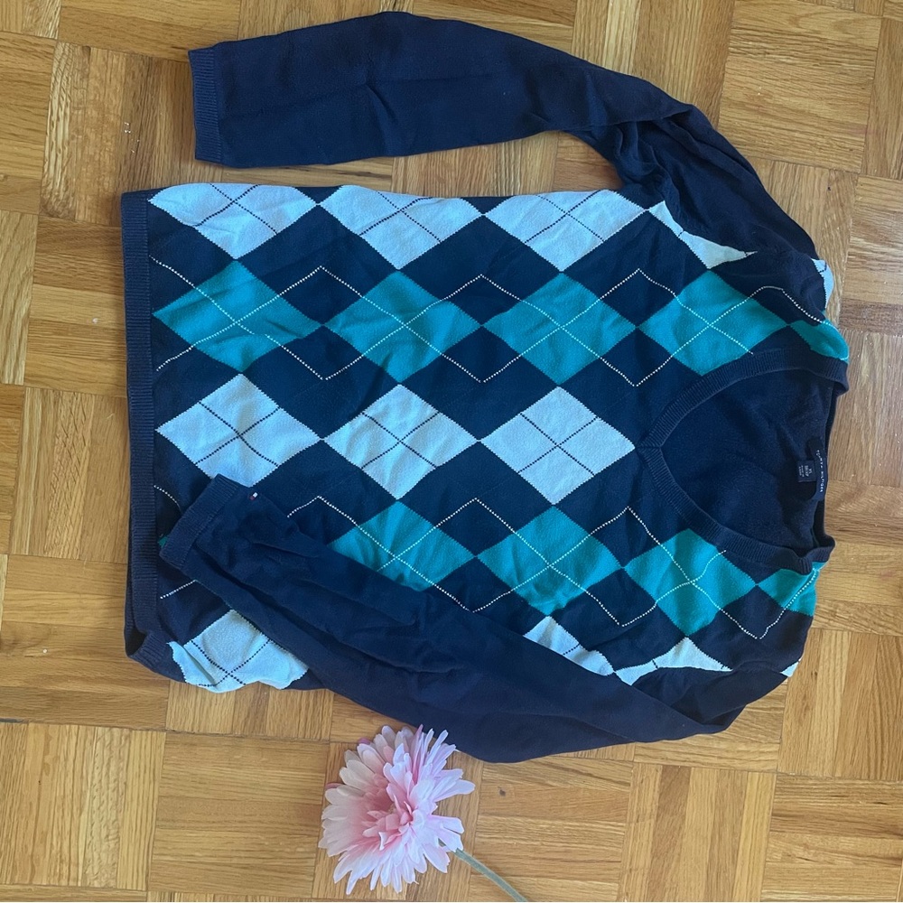 Tommy Hilfiger Navy and Teal Argyle V-Neck Sweater